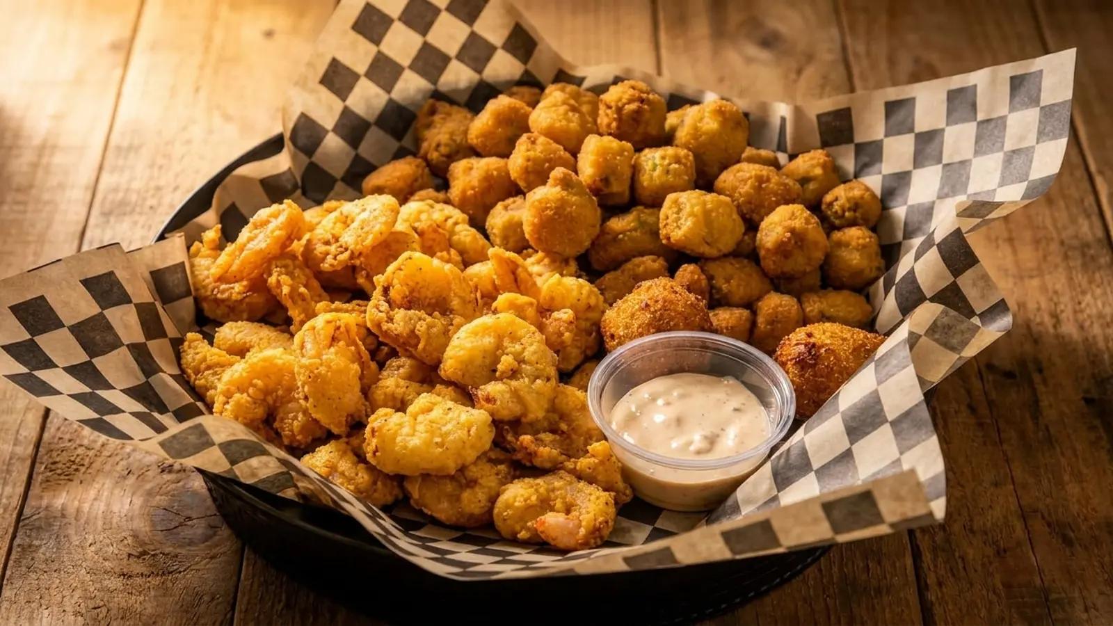 A basket of golden fried shrimp with hushpuppies and dipping sauce