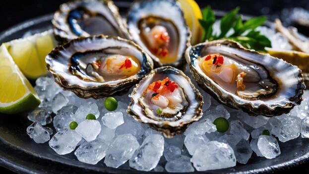 Fresh oysters on the half shell served over crushed ice with lime